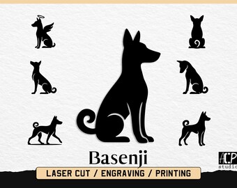 以下が含まれることがあります： さまざまなポーズの黒いバセンジー犬のシルエットデザイン。座っている犬、翼とハローのある犬、歩いている犬が含まれます。画像には「Basenji」という単語と「LASER CUT / ENGRAVING / PRINTING」というテキストも含まれています。