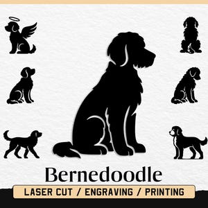 Bernedoodle hundsilhuettpaket – 7 Bernedoodle hund clipart-filer i ett snitt: Svg, Png och Dxf - (digital nedladdning).