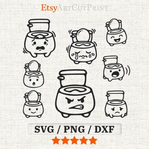 May include: A digital graphic set featuring seven black and white line art illustrations of toilets with various facial expressions, including happy, sad, angry, and surprised. The text EtsyArtCutPrint and SVG / PNG / DXF are visible.
