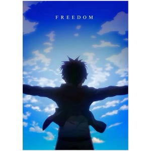 Può includere: Un'illustrazione in stile anime presenta una persona con le braccia tese contro un cielo blu brillante pieno di nuvole. La parola "FREEDOM" è stampata in bianco nella parte superiore dell'immagine. La persona è in silhouette, con i capelli e i vestiti visibili.