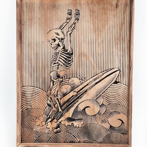 Skeleton Surfing Longboard Wood Carving Art - 24x32 Framed Wall Decor