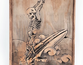 Skeleton Surfing Longboard Wood Carving Art - 24x32 Framed Wall Decor