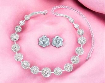Crystal Necklace Set, Emerald Green Crystal Earrings and Necklace, Silver Crystal Choker, Silver Wedding Jewelry, Silver Jewelry Set,
