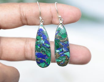 Malachite Chrysocolla Sterling Silver Dangle Earrings – Handmade Boho Jewelry