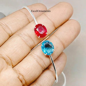 Oval Blue Topaz Cushion Ruby Bangle, 925 Sterling Silver, Handmade Adjustable Bracelet