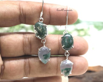 Moss Agate Dangle Earrings | 925 Sterling Silver, Handmade Jewelry