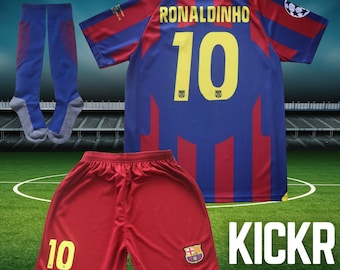 Ronaldinho Barcelona voetbalshirt voor kinderen | 2005 Home beperkte speciale editie | Jersey Shorts Sokken voor Jongens Meisjes Jeugd Maten | Voetbal