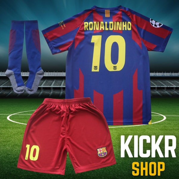 Ronaldinho Barcelona Kinder Fußball Trikot-Kit | 2005 Home Limitierte Sonderedition | Jersey Shorts Socken für Jungen Mädchen Jugendgrößen | Fußball