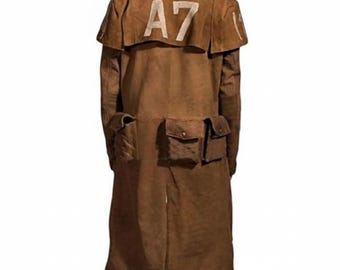 May include: A long brown coat with multiple pockets and a wide collar. The back of the coat features the white letters "A7" across the shoulders. The coat appears to be made of a suede-like material.