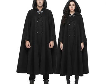 May include: Two identical black hooded cloaks featuring a double-breasted front design with silver-toned buttons and a decorative silver metal clasp at the neckline. Each cloak has long sleeves and a full-length hem, worn over black trousers and boots.