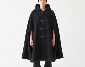 Black Wool Hooded Cape Coat, Unisex Medieval Fantasy Cloak, Renaissance Costume, Gothic Hooded Cape, Custom Fit, Winter Poncho, Warm Cloak