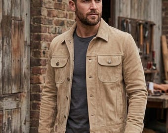 May include: A tan suede jacket with two chest pockets and two lower pockets. The jacket has a button-up front and a collared neckline. The sleeves are long and buttoned at the cuffs. The jacket is worn over a grey t-shirt.