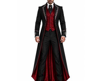 May include: A long black tailcoat featuring silver embroidery along the lapels and cuffs, worn over a deep red waistcoat and black trousers. The coat has a deep red lining, and the ensemble is completed with a white collared shirt and black tie.