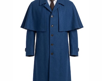 May include: A blue wool coat with a cape-like shoulder design. The coat features a button-down front, a notched collar, and long sleeves. A white shirt and brown tie are visible beneath the coat.