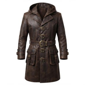 May include: A dark brown hooded coat featuring a distressed finish, long sleeves with buckled cuffs, and a front closure with multiple brass-toned buckles. The coat includes a waist belt with a buckle and two large front pockets with buckled flaps.