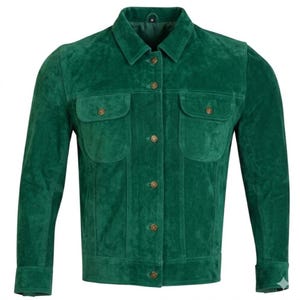 May include: A vibrant emerald green suede jacket featuring a classic collar, long sleeves with buttoned cuffs, and a front button closure. The garment includes two chest pockets with buttoned flaps and a size M label at the inner neckline.