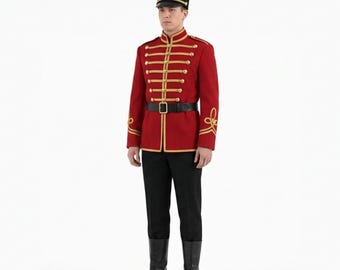 May include: A red military-style tunic featuring gold braided trim and buttons, paired with black trousers, a black belt with a gold buckle, black boots, and a tall black cylindrical hat. The uniform includes gold detailing on the cuffs.