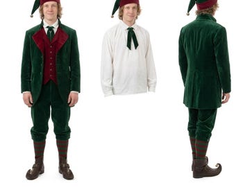 May include: A green velvet elf costume featuring a jacket with a burgundy lapel, a matching waistcoat, knickerbockers, and a pointed hat with a bell. Includes a white long-sleeved shirt with a green velvet necktie, striped socks, and brown buckled shoes.