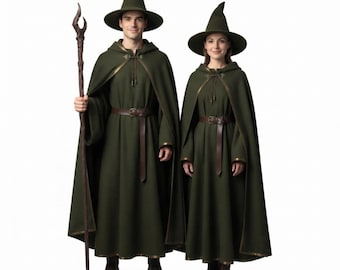 May include: Two matching dark olive green hooded cloaks and robes with pointed hats. Each garment features a brown leather belt with a metal buckle, gold trim along the edges, and a decorative clasp at the neck. One figure holds a tall wooden staff.