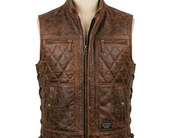 Men’s Distressed Brown Quilted Leather Vest | Custom Cowboy Biker Jacket | Lace Up Side Leather Waistcoat | Western Style Motorcycle