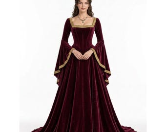 May include: A floor-length deep burgundy velvet gown featuring a square neckline, long flared sleeves, and gold trim detailing along the neckline and sleeve edges. The dress is paired with a decorative crown made of pinecones and leaves.