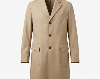 May include: A tan-coloured single-breasted coat featuring a notched lapel, three dark brown buttons down the centre front, a single chest pocket, and two large flap pockets at the waist. The coat has long sleeves and a structured, straight fit.