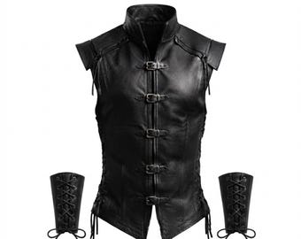 May include: A black sleeveless waistcoat featuring a high collar, five front buckle fastenings, and side lacing details. The set includes two matching black forearm bracers, each featuring a central lace-up design with thin cord ties at the bottom.