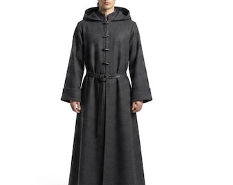 May include: A charcoal grey full-length hooded robe featuring long sleeves, a structured hood, and a front closure secured by four toggle-style fasteners. A thin black leather belt cinches the waist, and the garment reaches down to the ankles.