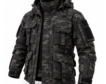 May include: A dark camouflage tactical jacket featuring a hood, multiple utility pockets with snap buttons, vertical zip closures, adjustable buckle straps, and rectangular hook-and-loop patches on the sleeves for a functional design.