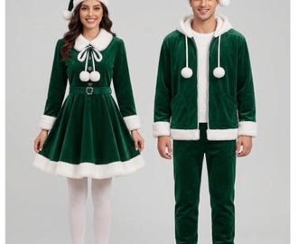 Luxury Velvet Couple Christmas Costume Set, Matching Holiday Outfits, Faux Fur Trim Festive Costume, Red Green Party Wear, Mr & Mrs Santa