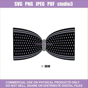 Pode incluir: Uma gravata borboleta preta com bolinhas brancas e um centro de strass. A gravata borboleta é contornada com strass e tem o texto "SS10". A imagem também inclui o texto "SVG PNG JPEG PDF studio3" e "COMMERCIAL USE ON PHYSICAL PRODUCTS ONLY DO NOT SELL, SHARE OR DISTRIBUTE DIGITAL FILES."