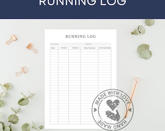 May include: A white printable running log with the title "RUNNING LOG" at the top. The log includes sections for date, minutes, distance, other exercises, and running buddy. The text "Printable PDF | Single Page" is at the bottom.