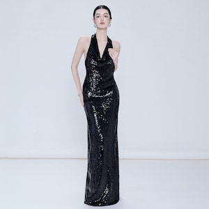 Black Sequin Evening Gown: Halter Cowl Neckline, Formal Dress