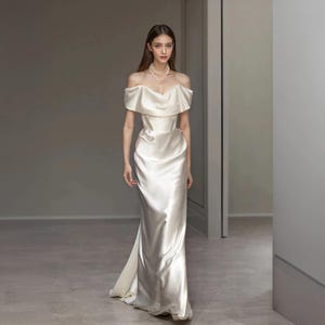 Ivory Satin Evening Gown | Off Shoulder Wedding Dress | Elegant Long Formal Party Dress