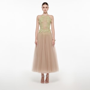 Lace Tulle Midi Dress: Handmade Pastel Green Halter Gown
