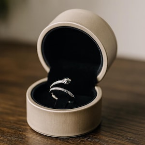 May include: A silver snake ring with a green stone eye rests in an open beige ring box with a black velvet interior. The ring is coiled, with detailed scales and a raised head. The box is round and has a hinged lid.