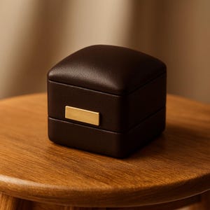 Può includere: Un portagioie quadrato marrone scuro con un accento rettangolare color oro sul davanti. La scatola è su uno sgabello di legno. La scatola ha un coperchio incernierato e una consistenza liscia simile alla pelle.