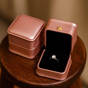 May include: A rose-colored, square ring box with a gold crown detail, open to reveal a diamond ring on a black velvet interior. Another closed box is visible. The boxes are on a wooden surface.