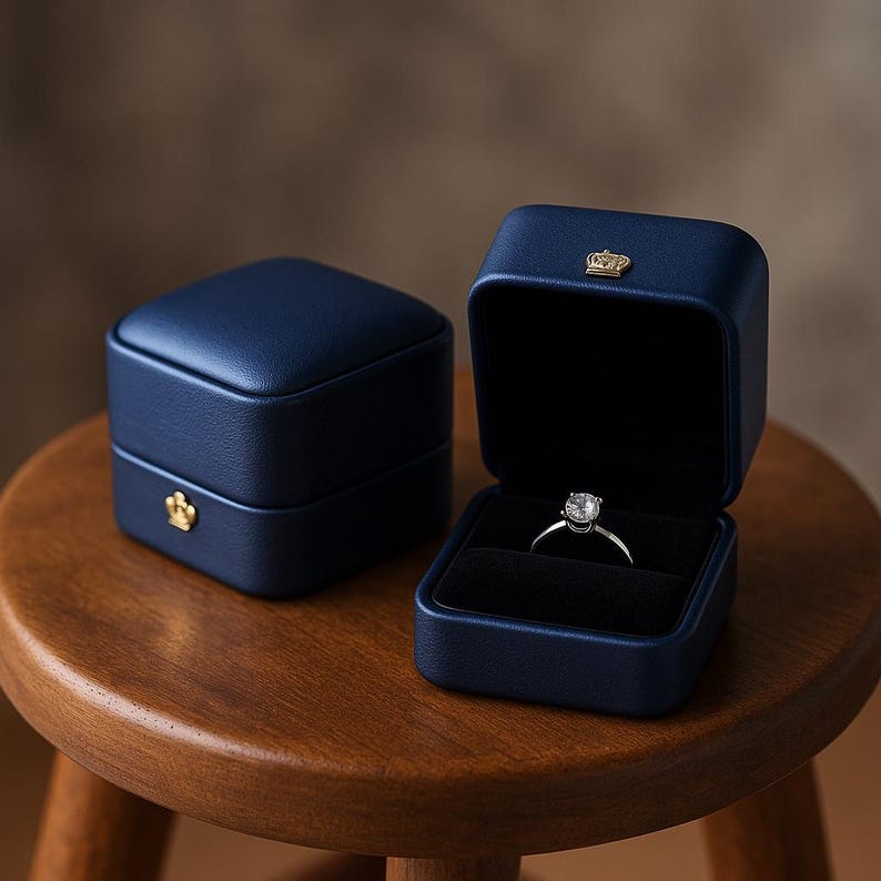 May include: Two navy blue ring boxes, one closed and one open, displaying a diamond ring. The boxes have a gold crown emblem. The open box reveals a black velvet interior, showcasing the ring. The boxes sit on a wooden stool.