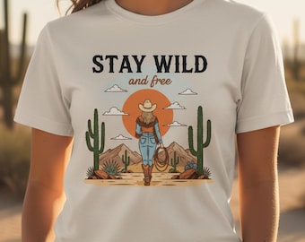 Resta selvaggio gratis Cowgirl PNG Tramonto nel deserto occidentale Cactus Ranch Rodeo Boho Country Girl Sublimazione Download digitale Arte
