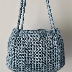 Handmade Baby Blue Cotton Macrame Mesh Bag – Crochet Shoulder Bag, Washable Tote