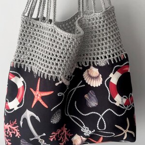 Nautical Anchor & Seashell Print Handbag: Crochet Honeycomb Fabric Beach Bag