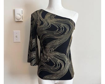 Top vintage Cache, talla M, negro, dorado, adornado, años 90, Y2K, un solo hombro, estilo gótico.