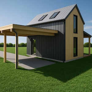 May include: A modern two-story house with a carport. The house features a gray metal roof, black siding, and light wood paneling. Two skylights are visible on the roof. The house is surrounded by green grass and a clear blue sky.