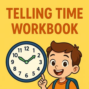 Peut inclure: Couverture de cahier d'exercices pour enfants avec le texte "TELLING TIME WORKBOOK". Il présente un garçon de dessin animé pointant vers une horloge indiquant 2h10. Le garçon porte une chemise orange, un pantalon bleu et un sac à dos, sur fond jaune.