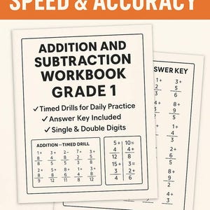 May include: A Grade 1 addition and subtraction workbook with timed drills for daily practice. Includes an answer key and single & double digits. The cover reads "BOOST MATH SPEED & ACCURACY" and "100 PAGES OF TIMED MATH FUN!"