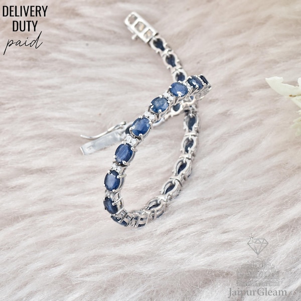 Genuine Blue Sapphire & Moissanite Tennis Bracelet in 925 Sterling Silver - September Birthstone Jewelry Gift for Her