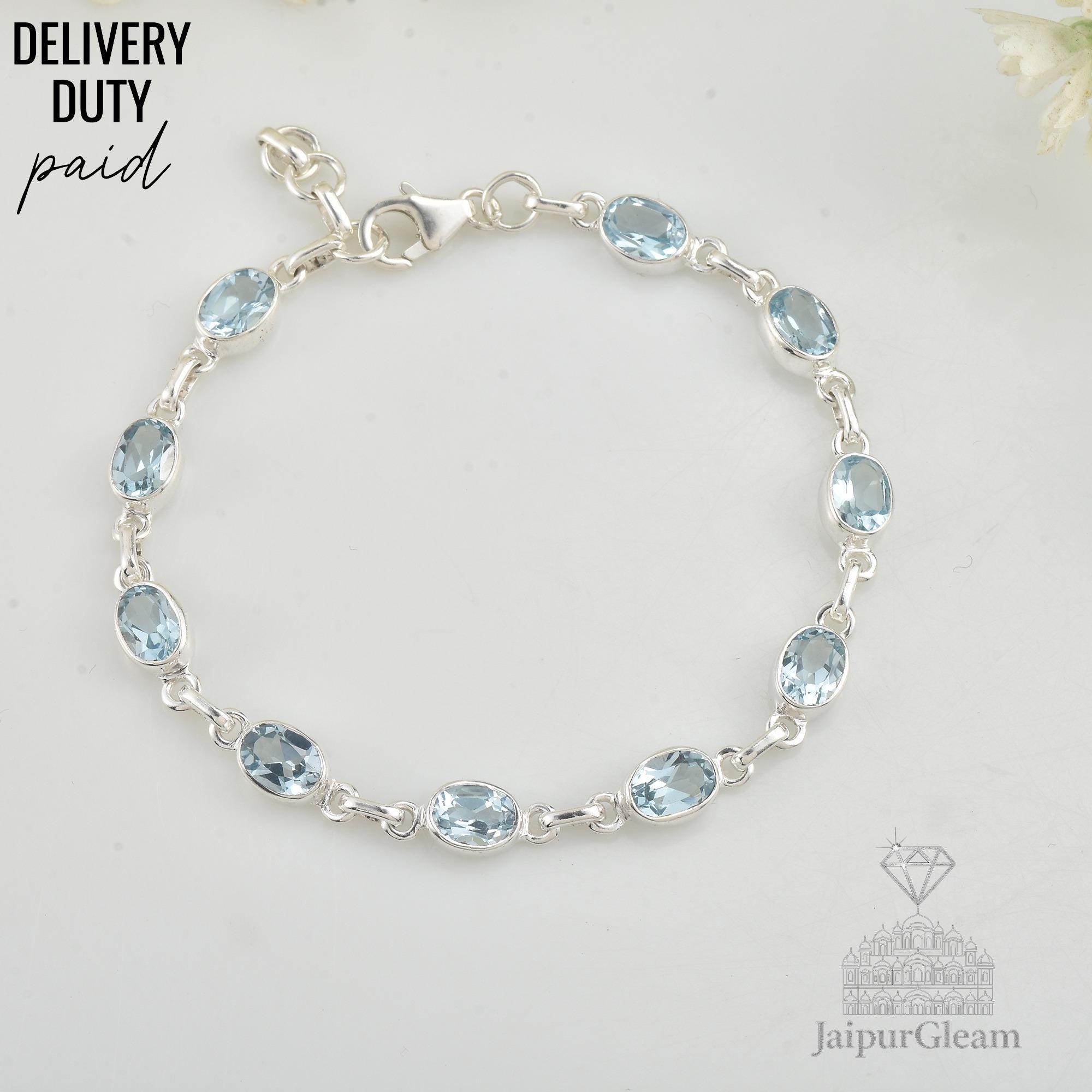 Delicato Bracciale Argento 925 Con Cristalli Topazio Blu E Quarzite Fumé – Rodiato, 17+5 Cm