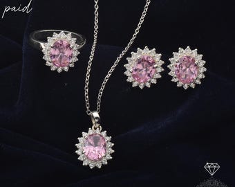 Pink Cubic Zirconia Jewelry Set – 925 Silver Necklace, Ring & Earrings