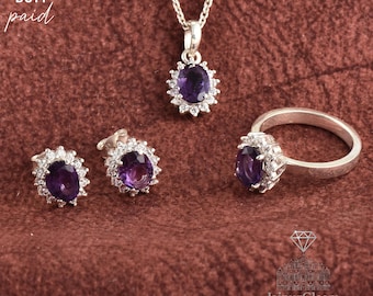 Conjunto de joyería de amatista y circonita cúbica – Collar, pendientes y anillo de plata de ley 925 / Joyería con la piedra natal de febrero / Regalo para ella